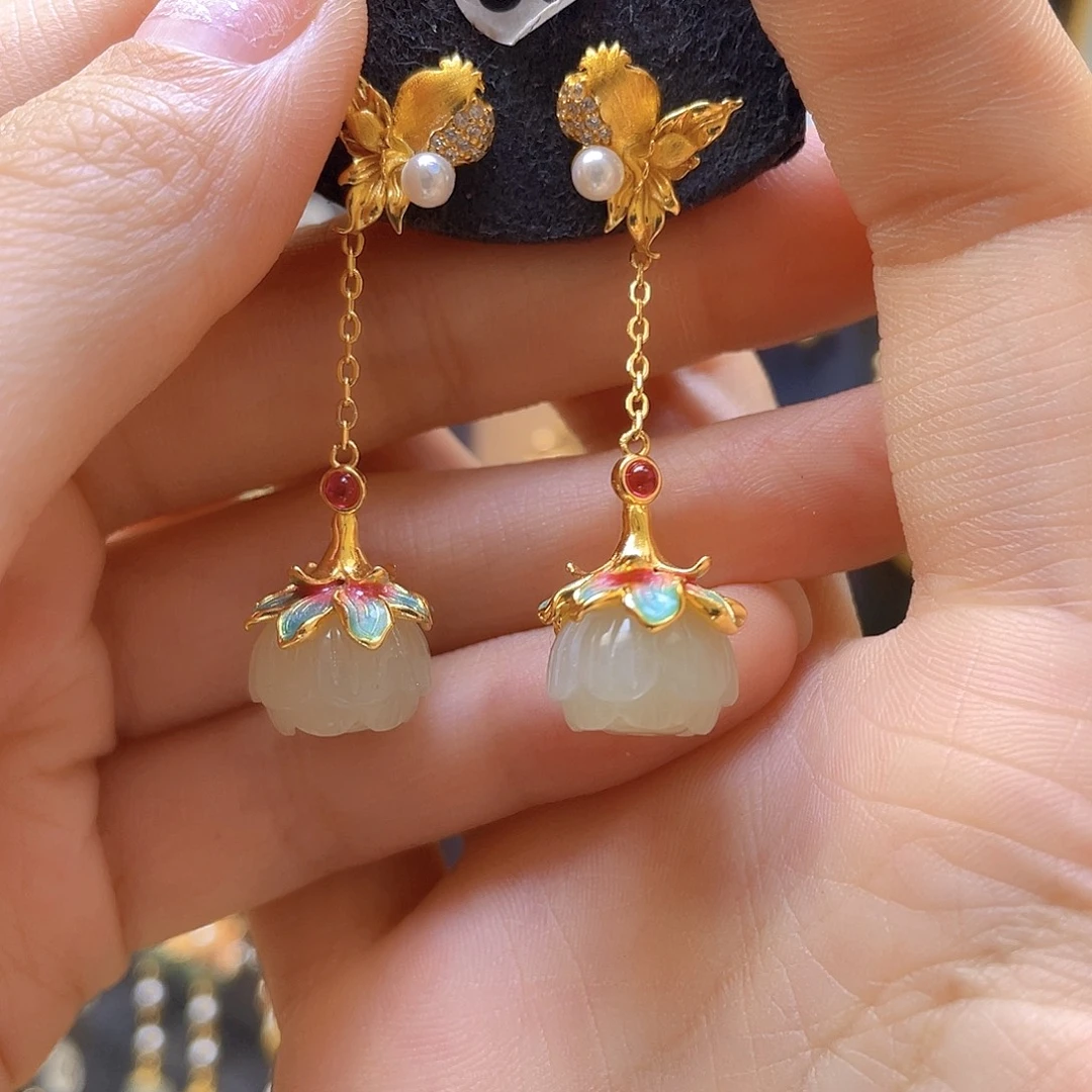 和田玉银S925镀金镶嵌耳饰