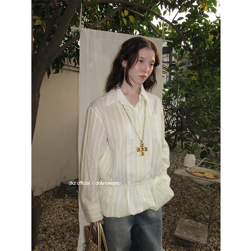 DKZ 花苞条纹结构感双领微廓形衬衫