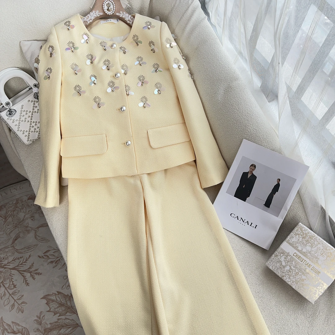 2025【青柠】春秋钉珠亮片小香风外套休闲宽松阔腿裤两件套