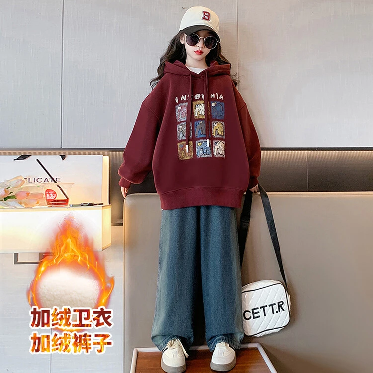 女童加绒卫衣秋冬款2024新款中大童装一体绒加厚连帽套头上衣冬装