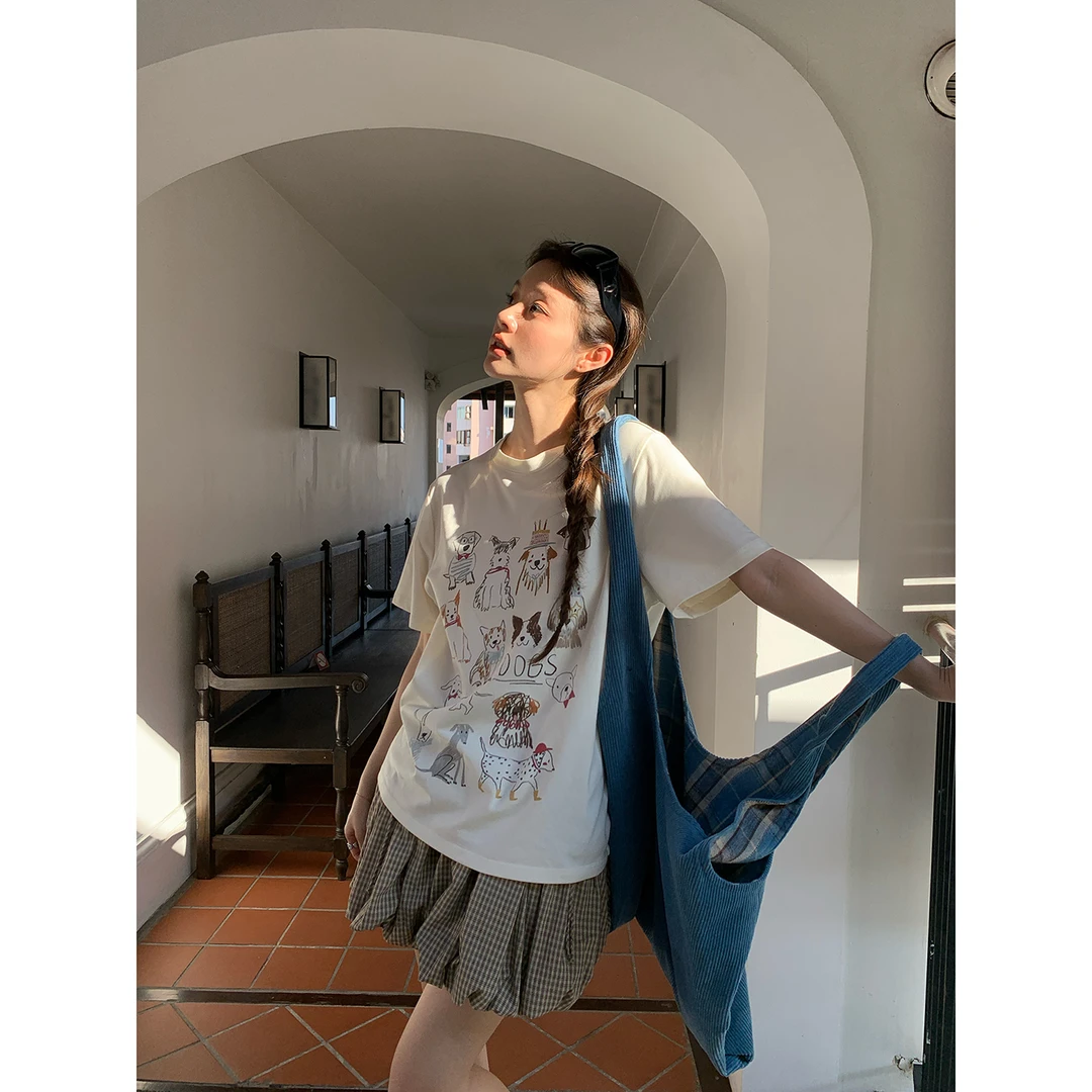 NEW OPEN休闲短袖上衣夏季可爱韩版小狗印花圆领宽松T恤女款C3173