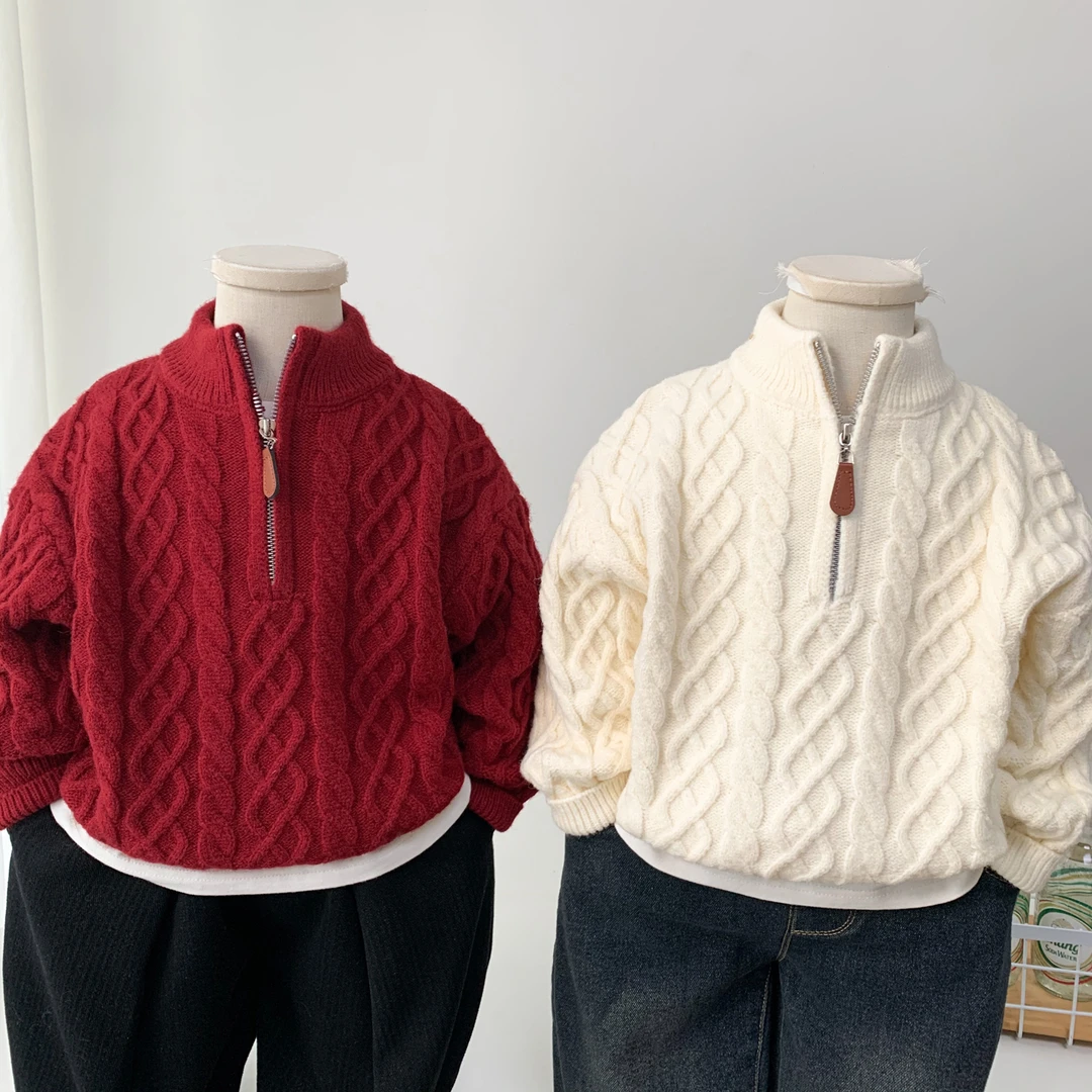 男童立领毛衣秋冬2020新款男孩红色内搭针织衫儿童时尚麻花毛线衣