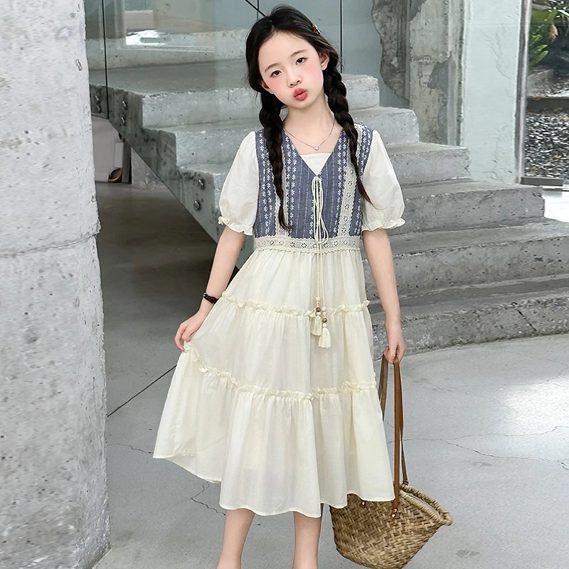 女童夏季连衣裙2025新款女孩波西米亚度假风洋气儿童撞色花边裙