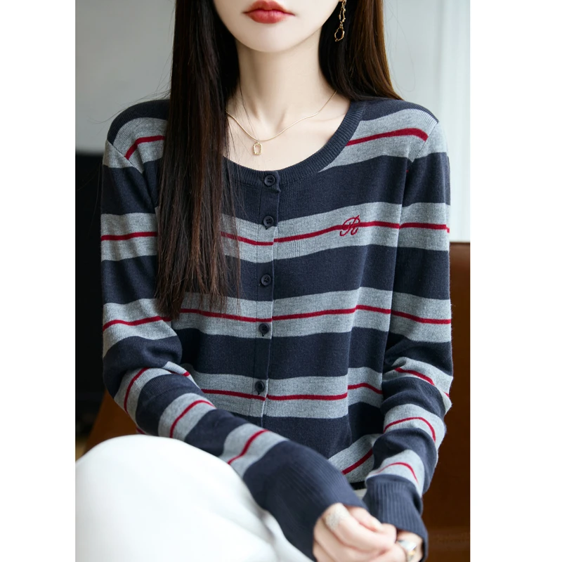 条纹撞色针织开衫毛衣女25早秋别致宽松慵懒风篡改下薄款外套上衣