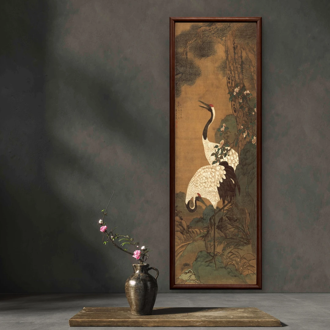 9871-40*120松鹤延年中式装饰画实木玄关书房茶室客厅挂画
