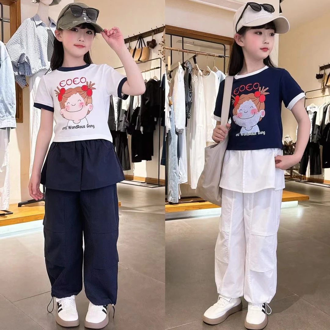 女童中大童2025夏季新款洋气时髦百搭短袖韩版个性工装裙裤套装