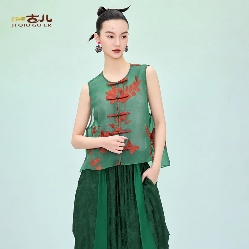 吉丘古儿蝶卉国风新中式马甲复古时尚宽松无袖绣花马夹薄G251Y021