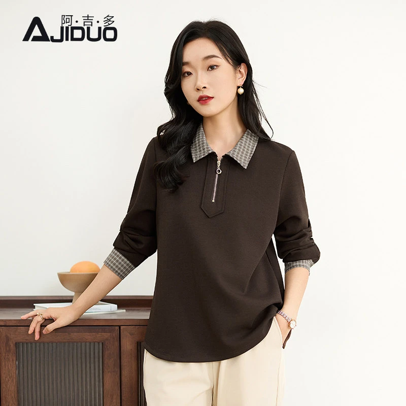 阿吉多美拉德撞色长袖olo衫女2026年春季新款卫衣半拉链上衣33035