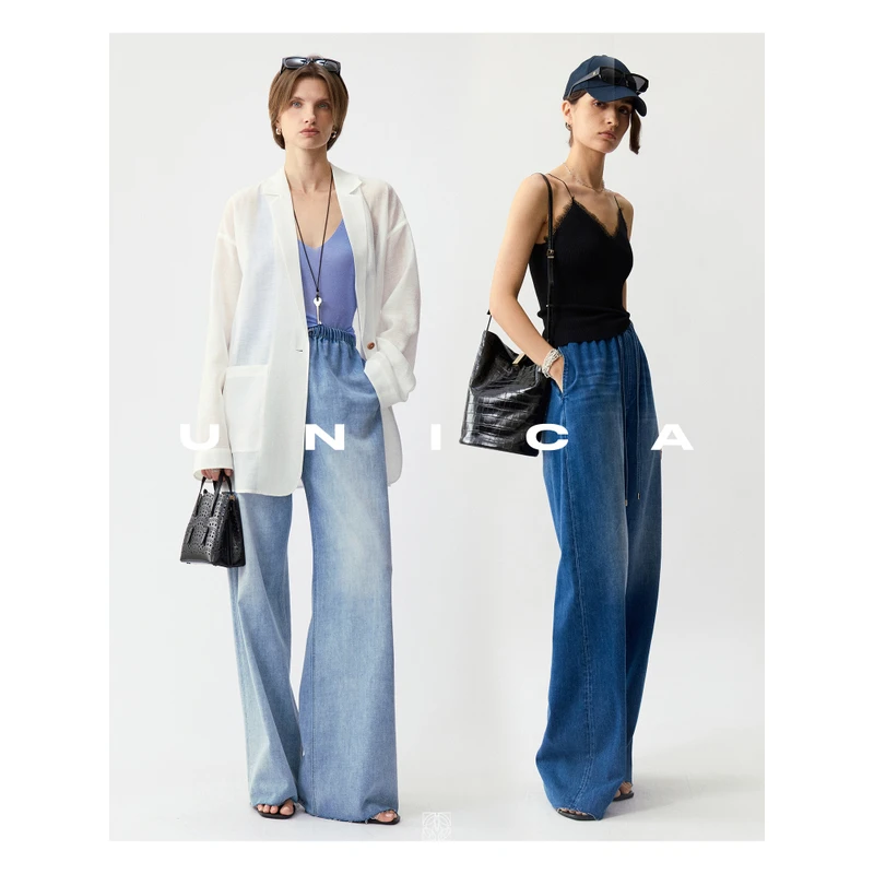 UNICA/零压牛仔裤定纺棉牛仔复古水洗清爽随性毛边抽绳空气牛仔裤