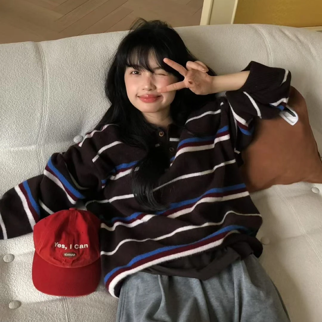 HONE韩国秋冬新款长袖polo领休闲撞色条纹针织衫复古毛衣女