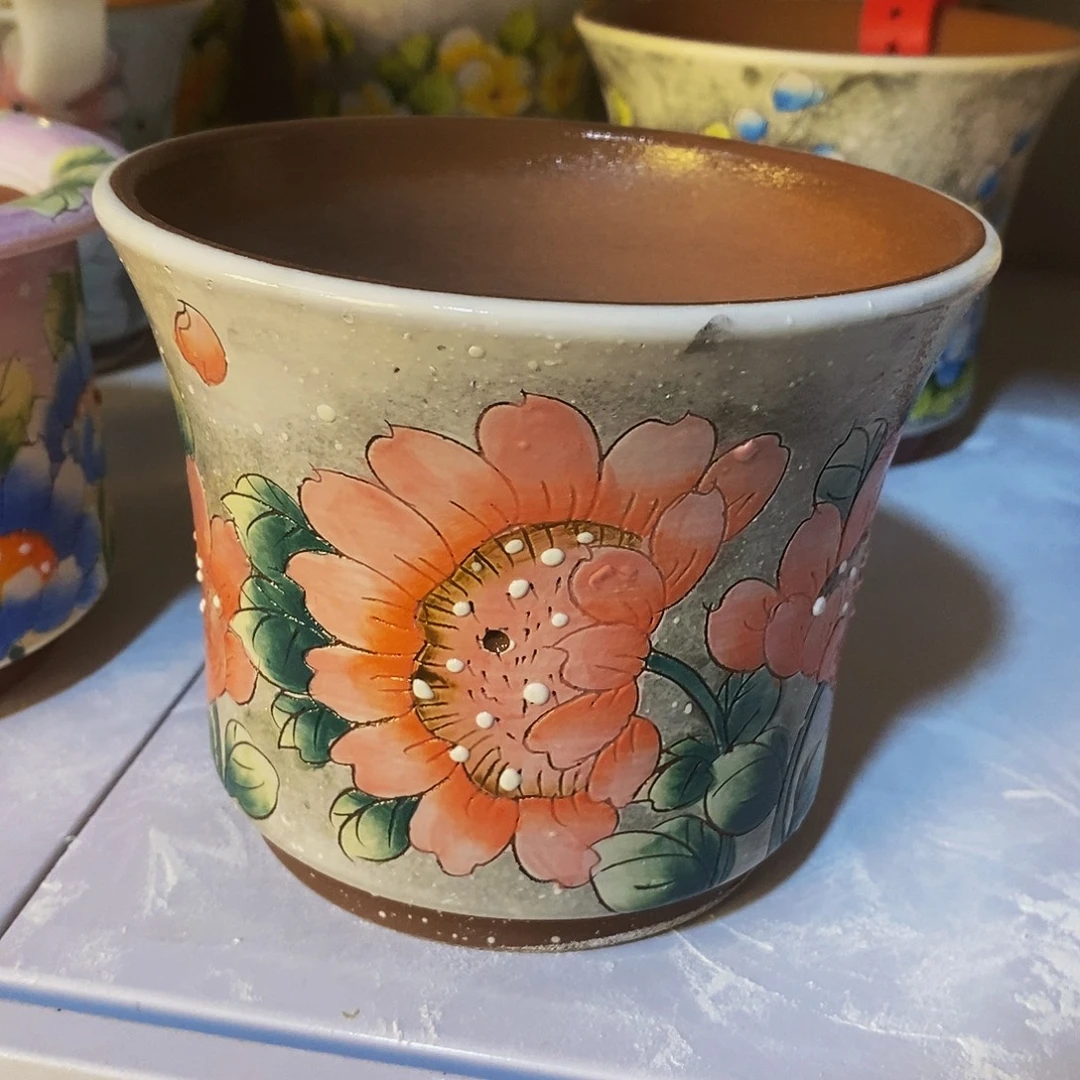 紫砂花盆红陶手绘花盆