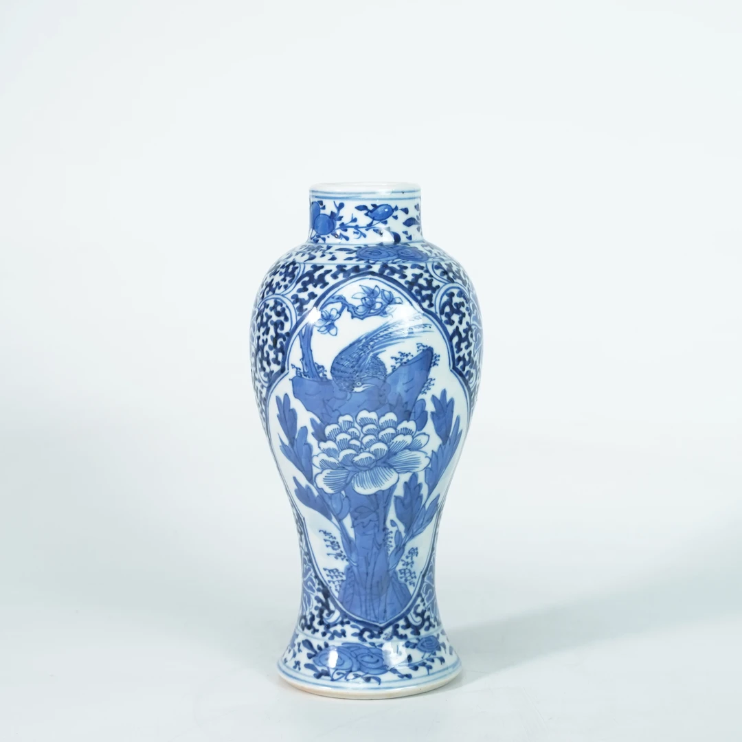 LABC251213018【十竹斋】清光绪凤戏牡丹细路青花将军罐