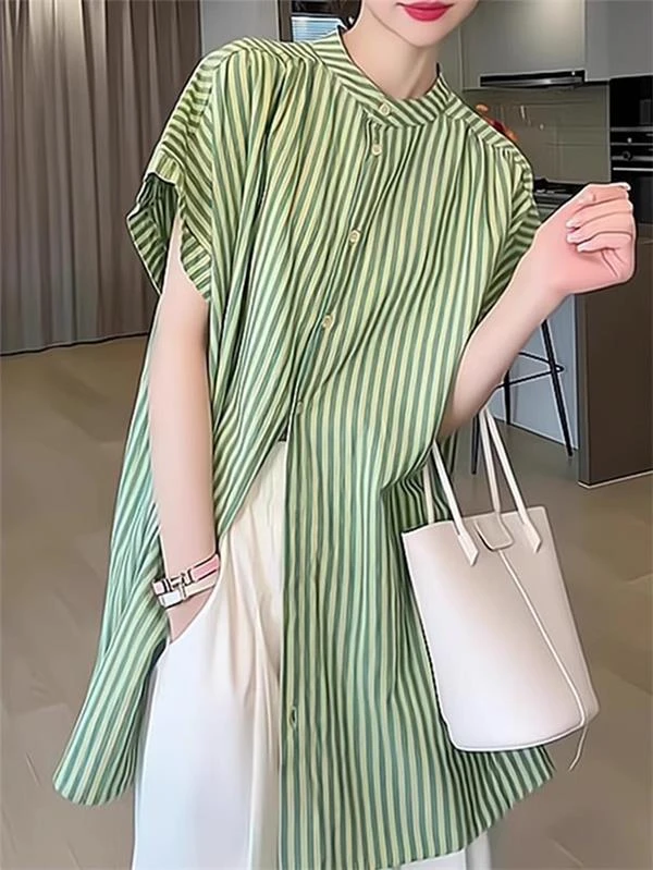 欧货复古绿色条纹短袖衬衫女2025夏季新款宽松设计感小众时尚上衣