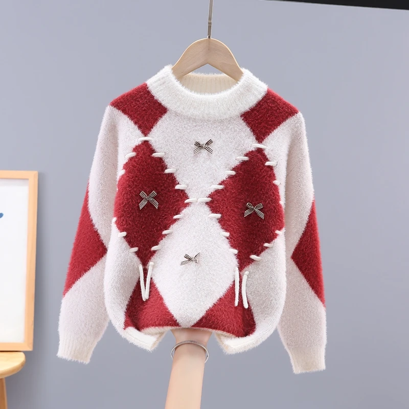 女童毛衣秋冬款儿童圆领衫6-12岁洋气大童加绒加厚爆款红色打底衫