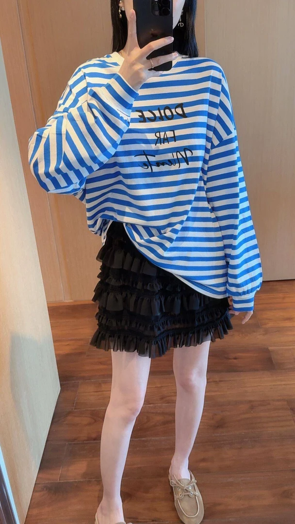 【张静芝】 夏季新品~清新蓝白条纹撞色宽松字母印花长袖T恤