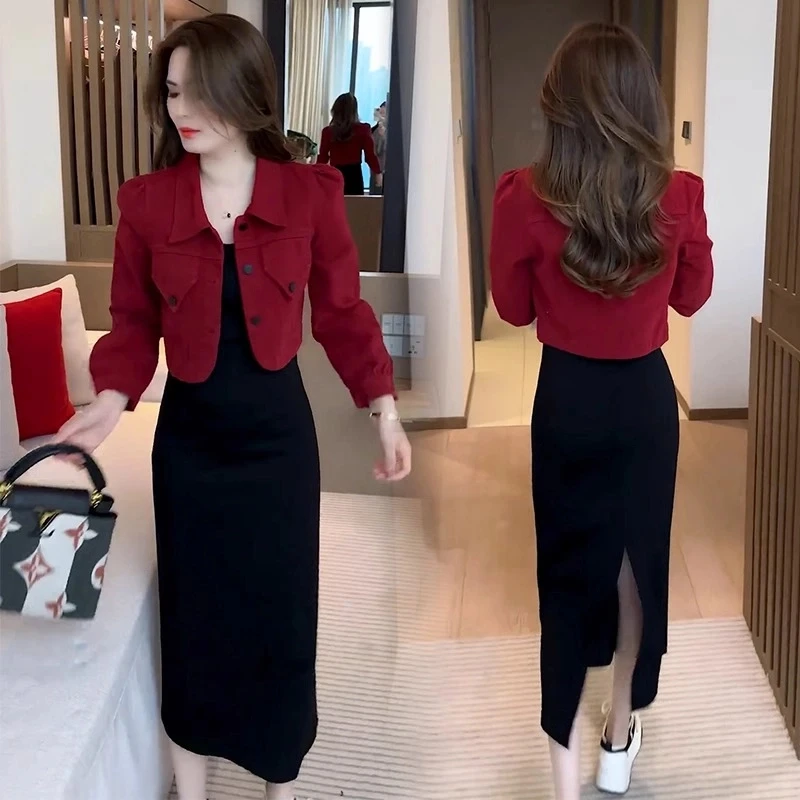 时尚洋气套装裙女2025春季新款时髦减龄短款牛仔外套连衣裙两件套