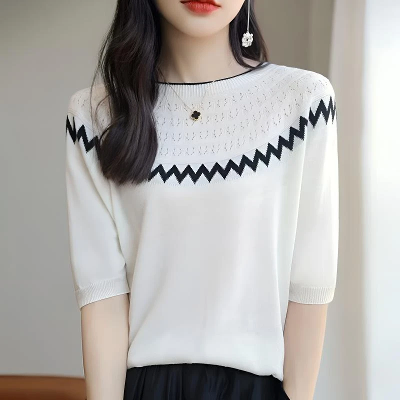 镂空提花~女士短袖圆领简约显瘦T恤气质白色中袖宽松显瘦春夏