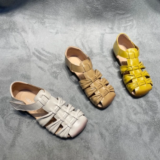 1088牛皮圆头胶粘时装凉鞋鞋子方头编织罗马鞋夏季文艺镂空