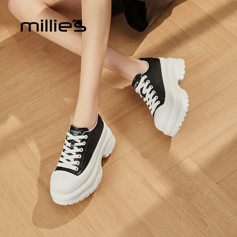 妙丽厚底板鞋女2025新款春秋季百搭增高运动休闲鞋复古软底小白鞋