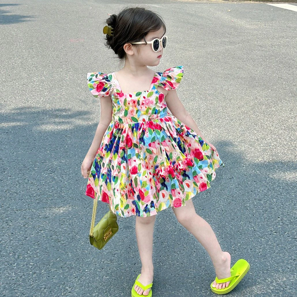 女童连衣裙夏季2025新款儿童小飞袖碎花裙宝宝女孩油画露背吊带裙