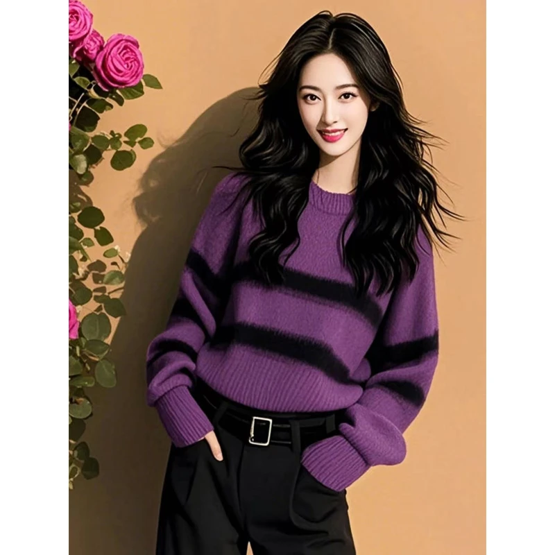冬季高级感超好看打底上衣设计感小众独特紫色条纹针织衫毛衣套装