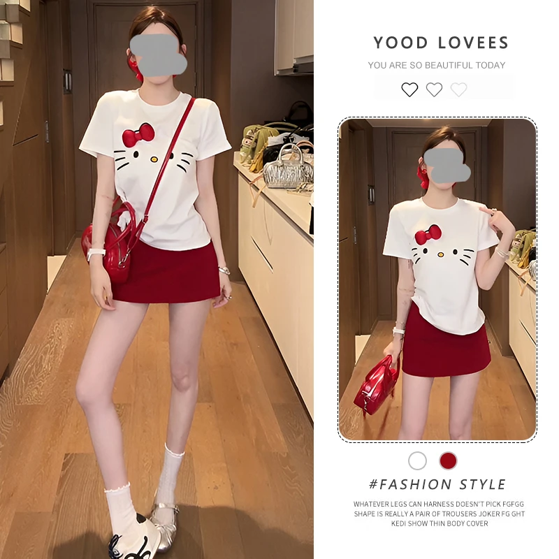 2025夏季新款洋气减龄正肩短袖t恤上衣女红色短裙韩里韩气套装