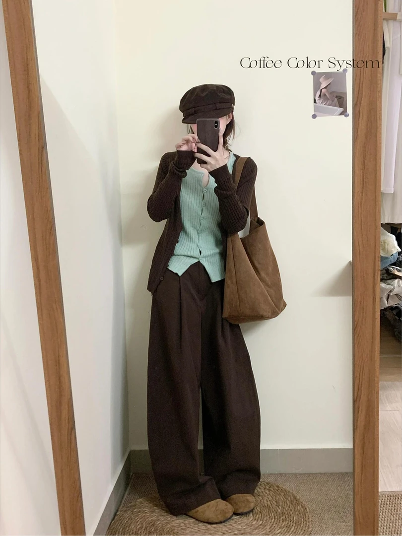 2025秋季新款韩系穿搭温柔风假两件针织开衫搭配阔腿裤休闲两件套