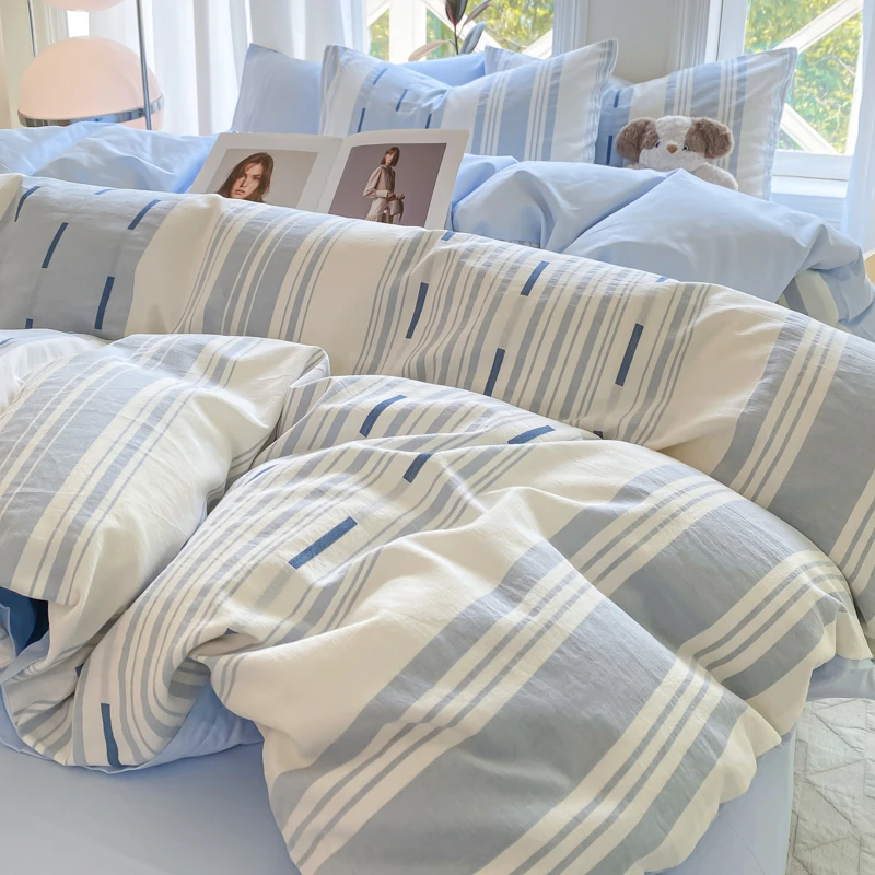 纯棉色织提花单被套学生宿舍床笠床单枕套舒适简约条纹纯色家用双