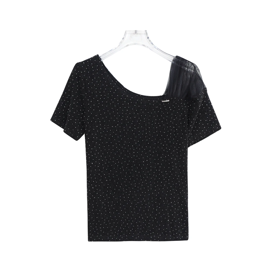 不规则V领网纱拼接亮闪闪短袖显瘦减龄上衣S1290