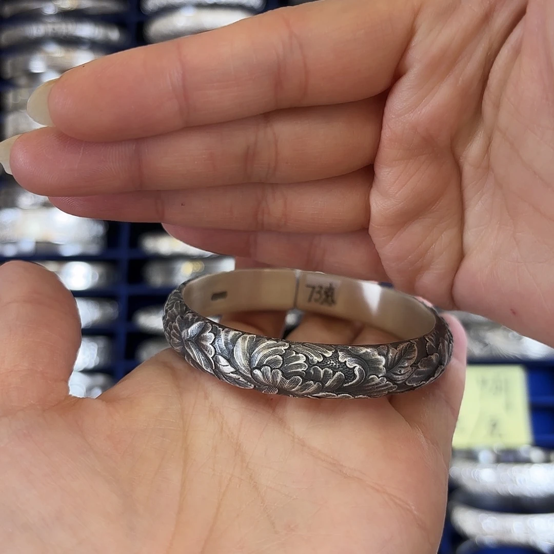 足银牡丹银手镯73克
