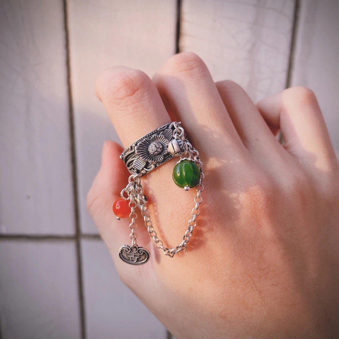 925银戒指 s925通体银牡丹花流苏戒指 复古民族风食指环