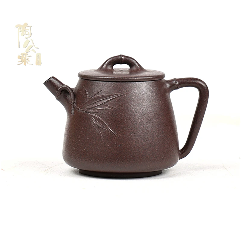 陶公粟铁芯老紫泥刻绘《竹节高石瓢》250cc内推手制紫砂壶中容量
