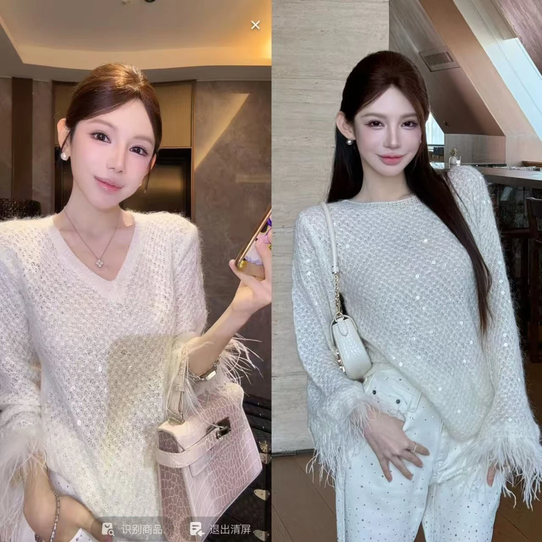 粉红PINK丨“氛围赢家”羊毛+鸵鸟毛满亮片修身上衣FH25D4M3966