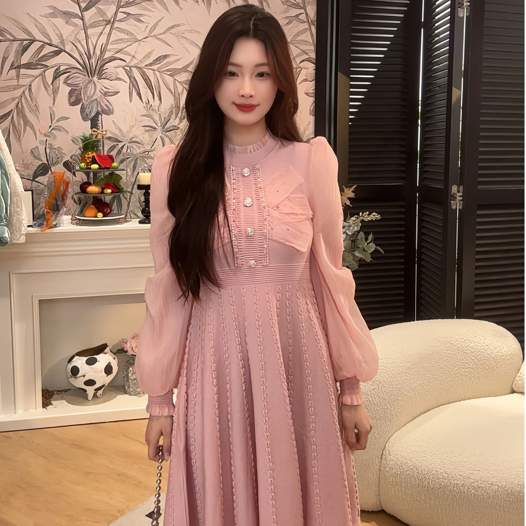 【高高专享】朝峰复古长袖法式气质收腰拼接连衣裙CFE3C252-2068G