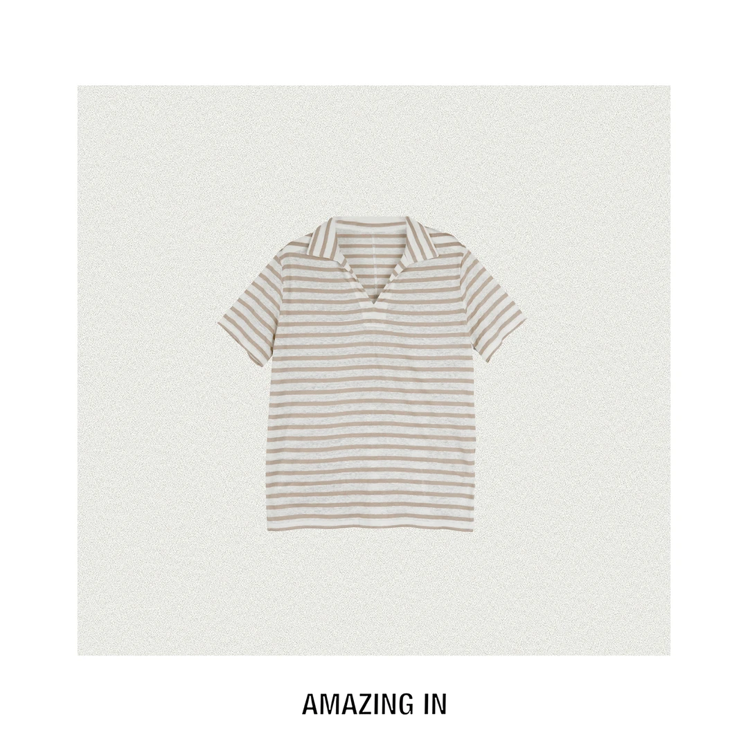AMAZING IN | 亚麻 | 条纹POLO领短袖T恤衫 A250611-AI56BTE2F23