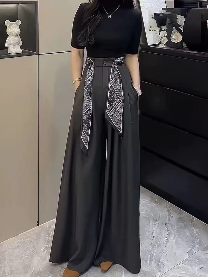 （001-200）时尚显瘦高腰垂感百搭休闲裤阔腿裤