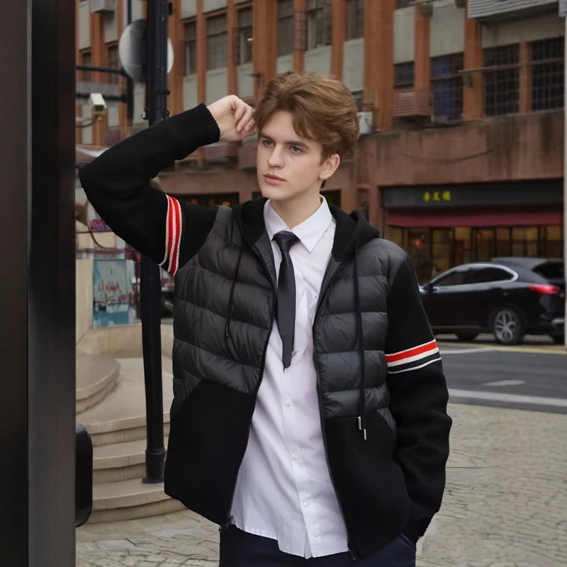 冬季潮男拼接羽绒服轻薄款保暖男士黑色90绒子高级轻奢修身显瘦款