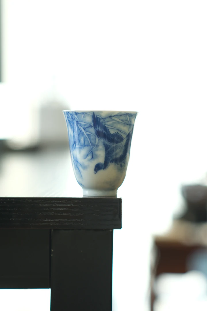 续真柴窑青花平沙落雁主人杯景德镇手工手绘陶瓷茶具功夫茶道