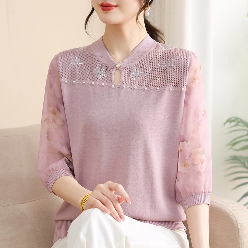 七分袖夏装中老年妈妈装镂空夏季宽松小衫时尚洋气打底针织衫