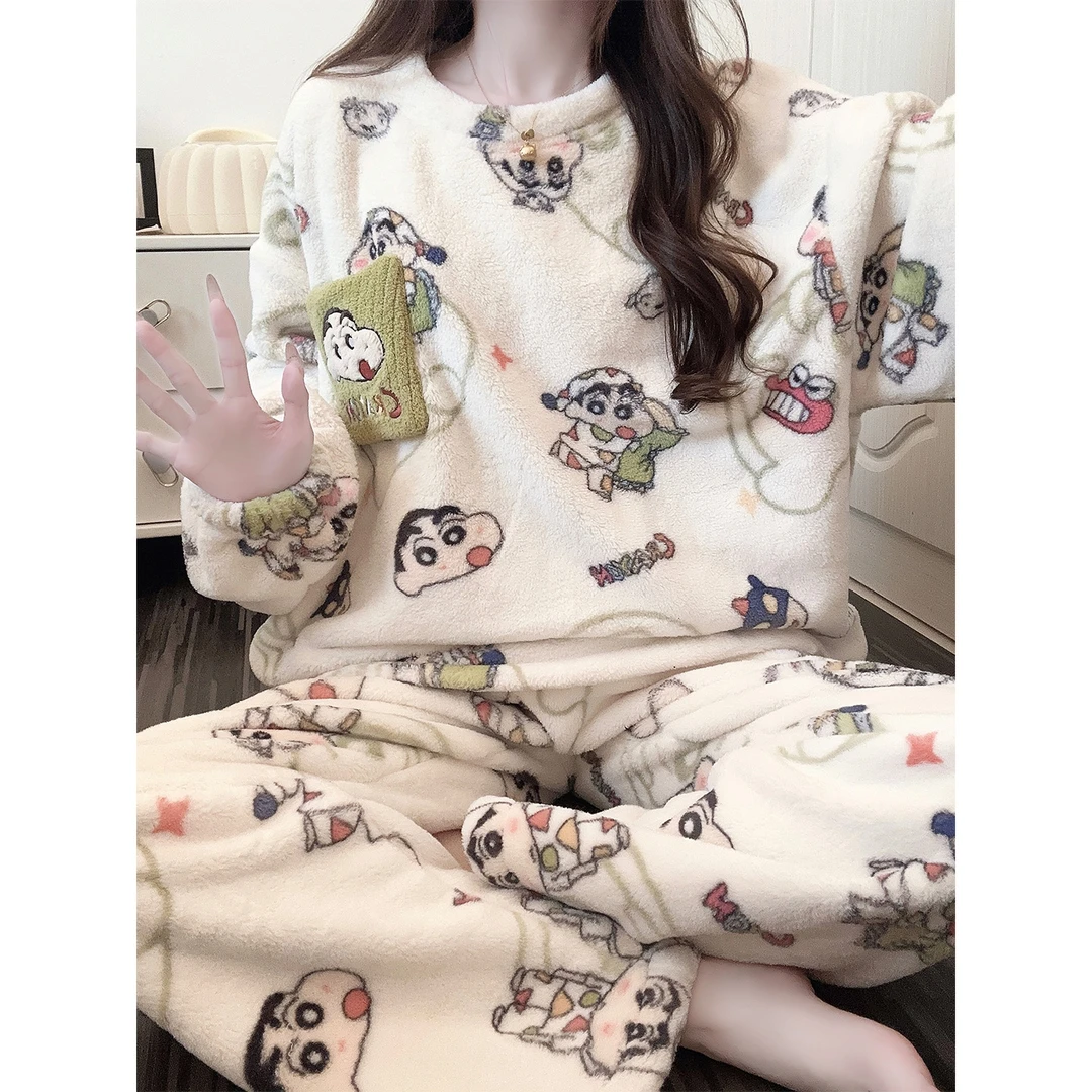 卡通小新睡衣女冬季加厚珊瑚绒2025新款学生保暖法兰绒家居服套装