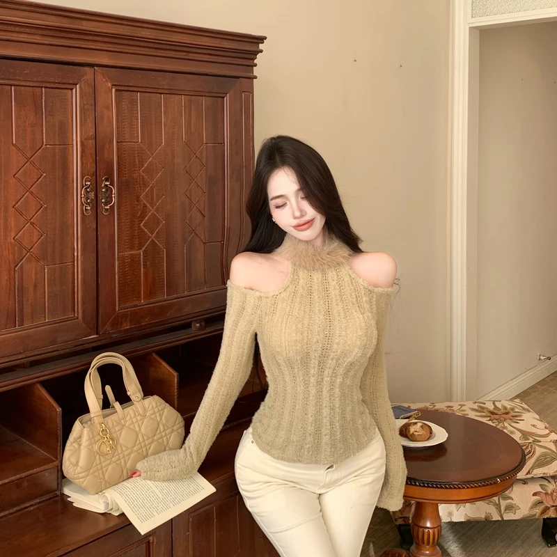 纯欲高级感内搭露肩针织衫女秋冬辣妹上衣性感独特漂亮毛毛打底衫