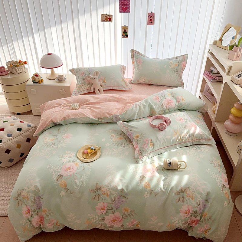 春夏全棉斜纹四件套轻奢纯棉亲肤印花小清新田园风床上用品4件套