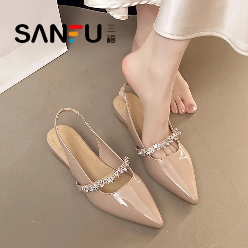 三福高跟鞋女粗跟法式漆皮尖头后空单鞋水钻一字带包头凉鞋女夏季