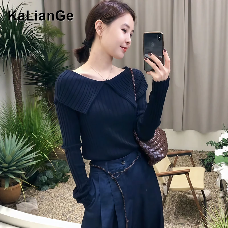 卡莲格/复古港风一字肩长袖针织衫女秋季修身显瘦内搭打底衫上衣