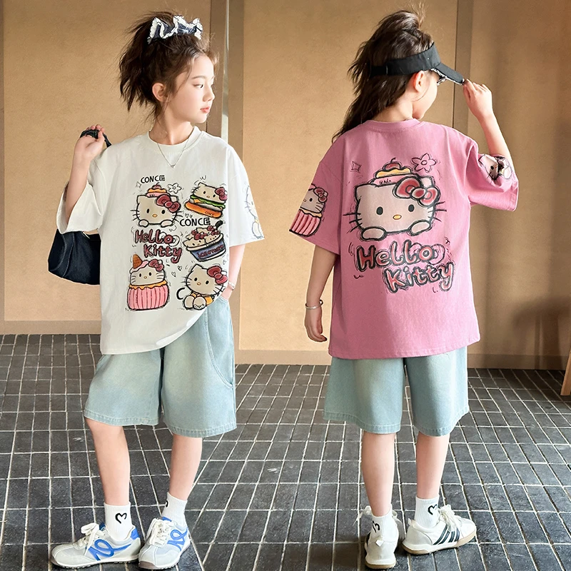 女童夏季套装2025新款儿童洋气时髦短袖中大童休闲牛仔裤两件套潮