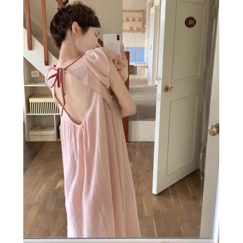 睡裙女夏季短袖中长款韩版甜美撞色露背全棉布睡衣家居服可外穿薄