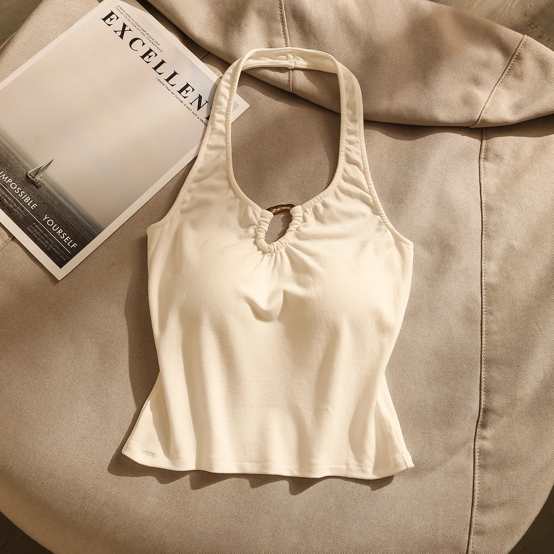 纯欲风辣妹白色挂脖吊带背心女夏季新款百搭修身内搭打底美背上衣