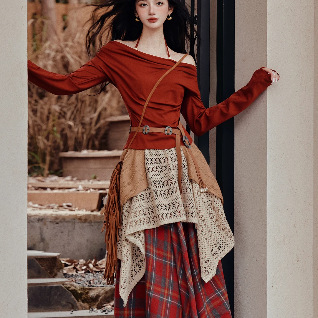 复古法式一字领上衣搭配不规则格子半身裙民族风大西北度假套装裙