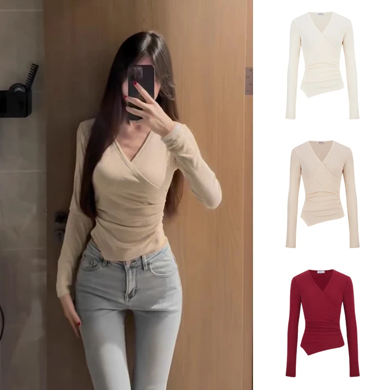 Moses Queen/魔西女王交叉V领长袖t恤不规则下摆设计感修身上衣