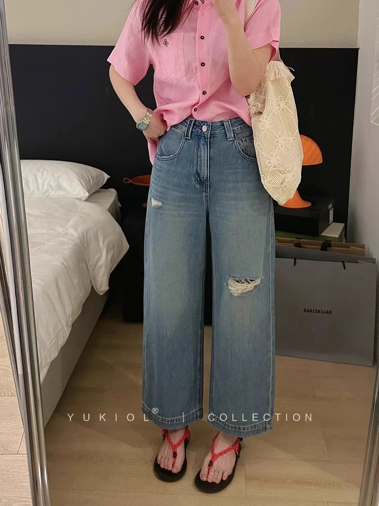 阔腿牛仔裤女2025夏季新款大码直筒裤汉麻薄款蓝色高腰破洞九分裤